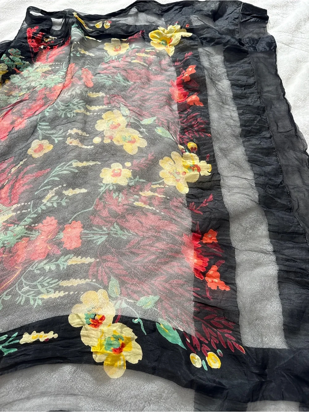 Vintage-Inspired Sheer Black Floral Scarf – Lightweight Botanical Shawl Wrap